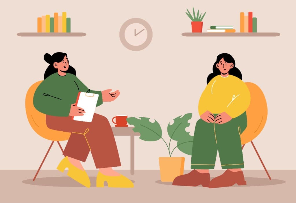 Illustration of a warm, supportive therapy conversation between client and therapist